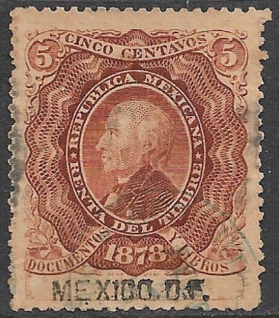 MEXICO 1878 5c Red Brown Hidalgo Documentary Revenue MEXICO DF Control DO41 Used