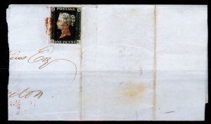 GB 1840 SG2, 1d black, USED PLATE 2. Cat £750. RED MX. ON LETTERSHEET. EG 