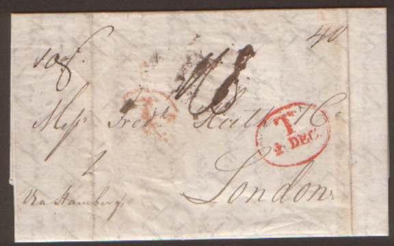 SWEDEN/HAMBURG 1842 EL TO LONDON POSTAGE DUE H/S