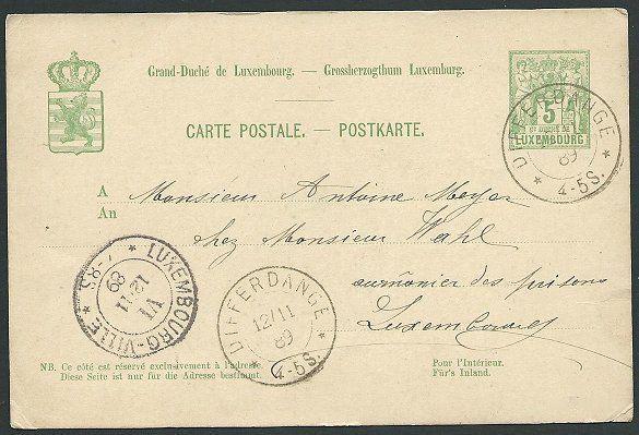 LUXEMBOURG 1889 5c postcard DIFFERDANCE cds................................42461