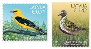 Latvia 2015 Birds Eurasian Golden Oriole and golden plover Set of 2 stamps MNH