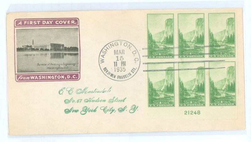US 756 1935 1c Half Dome, Yosemite National Park (Farley imperf reprint) block of six with plate number on an addressed first da
