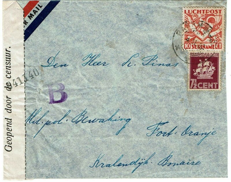 Suriname 1940 Paramaribo cancel on cover to Bonaire, local censor tape