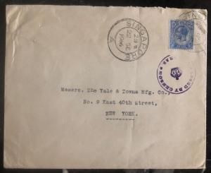 1916 Singapore Commercial Censored Cover To The Yale & Towne New York USA