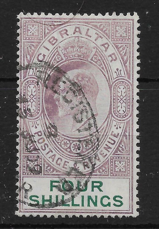 GIBRALTAR SG63 1908 4/= DEEP PURPLE & GREEN USED