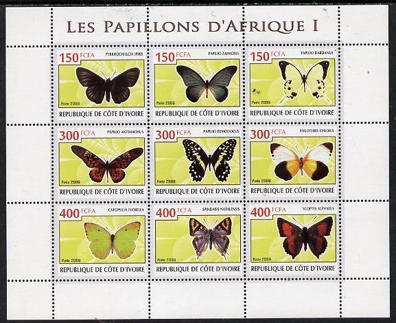 IVORY COAST - 2009 - Butterflies of Africa #1 - Perf 9v Sheet -MNH-Private Issue