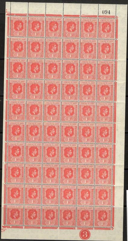 LEEWARD ISLANDS SG99c 1948 1d RED SHEET OF 60 PLATE 3 MNH (PERF SEPARATION TOP)