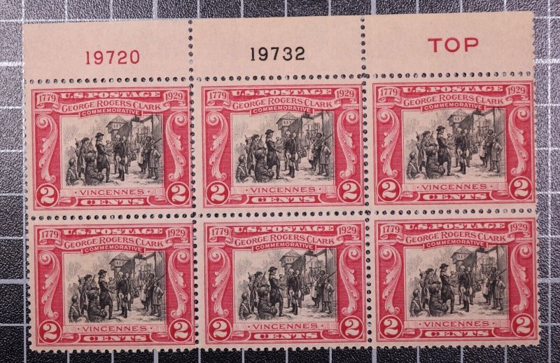 Scott 651 - 2 Cents Rogers Clark MNH Plate Block Of 6 19720-19732-TOP SCV $20.00 