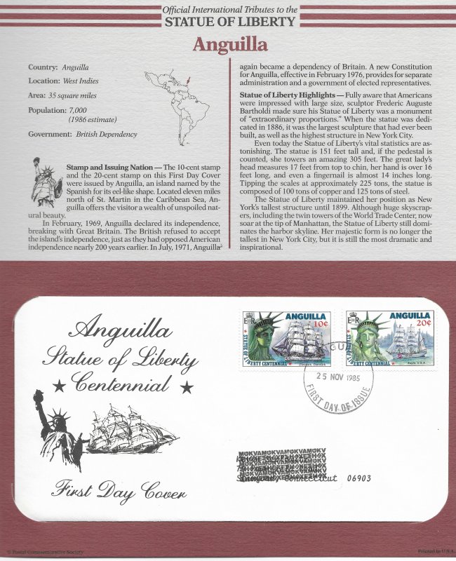 Statue of Liberty Anguilla #657-658. 1986  FDC with write up.