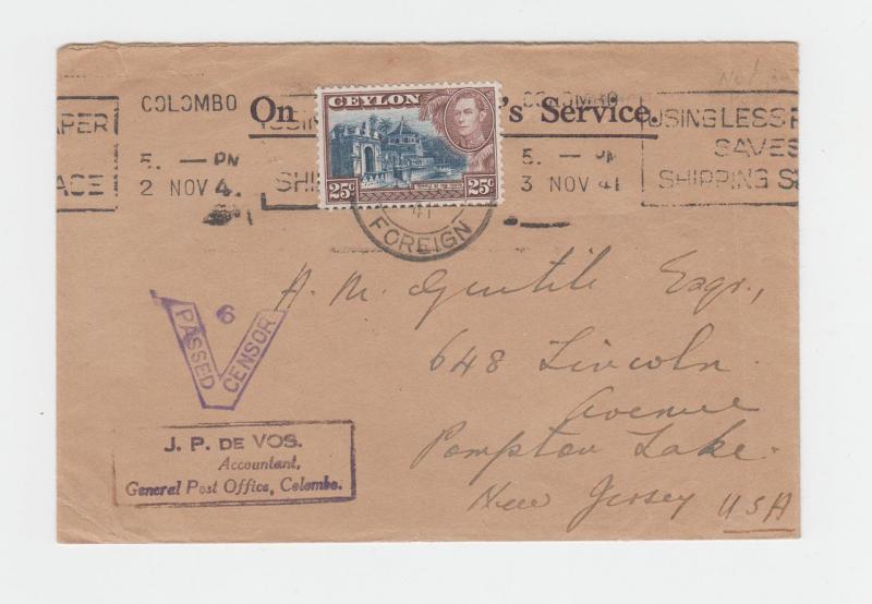 CEYLON -USA 1941 CENSORED OHMS COVER, BOXED CACHET, 25c RATE (SEE BELOW)