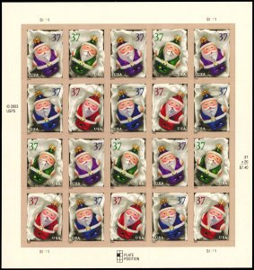 US Sc 3886a MNH FULL PANE - 2004 37¢ - Christmas Ornaments - 20 Stamps