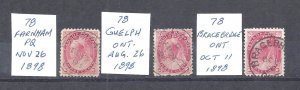 CANADA 78 3 STAMPS WITH 1898 SOCKED-ON-NOSE DATED CANCELS BS25695