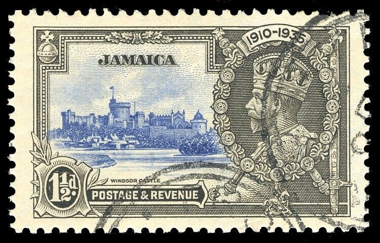 Jamaica 1935 KGV Silver Jubilee 1½d with EXTRA FLAGSTAFF variety VFU. SG 115a.
