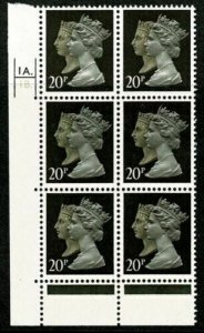 1d Black Anniversary 20p Machin ACP/DEX in Cylinder Block of 6 Cyl 1A1B Dot U/M