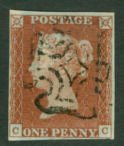 SG 8 1d red-brown plate 37 lettered CC. Very fine used Maltese cross. 4 margins