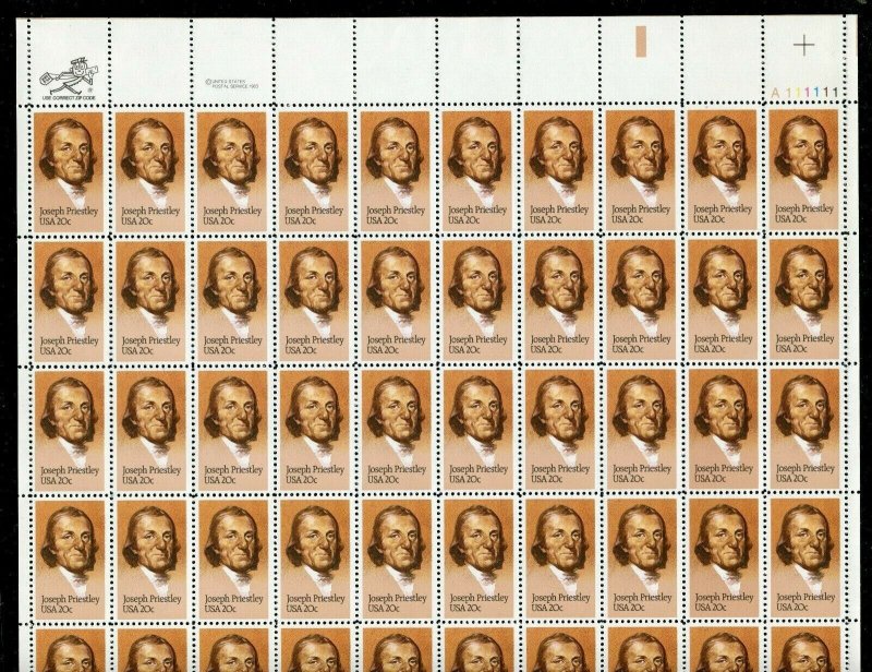 2038 Joseph Priestley 20¢ Sheet of 50 Stamps MNH 1983