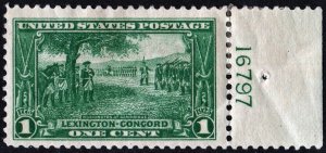 SC#617 1¢ Lexington-Concord Plate Single (1925) MHR