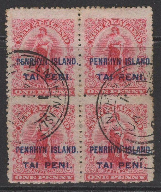 PENRHYN ISLAND SG5 1902 1d CARMINE p14 USED BLOCK OF 4