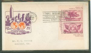 US 778a/c 1936 half of a tipex, two stamps souv. sheet on an addressed, typed fdc wtih an ioor cachet