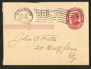 1914 US Postal Card Gloucester MA Flag Cancel AOUW Lodge Assessment Local Usage