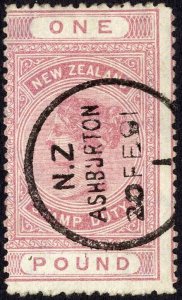 New Zealand 1882-1930 SGF33 1 pound rose-pink P12.5 VFU cat 140 pounds