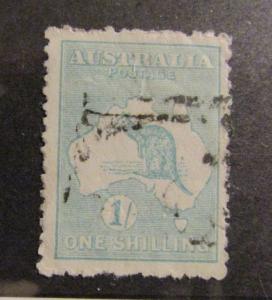 AUSTRALIA Sc #49 Θ used , 1/ ONE SHILLING Kangaroo stamp , mute cancel,