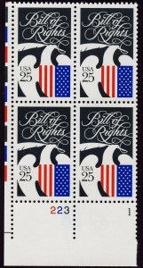 1989 Bill of Rights Plate Block Of 4 25c Postage Stamps, Sc# 2421, MNH, OG