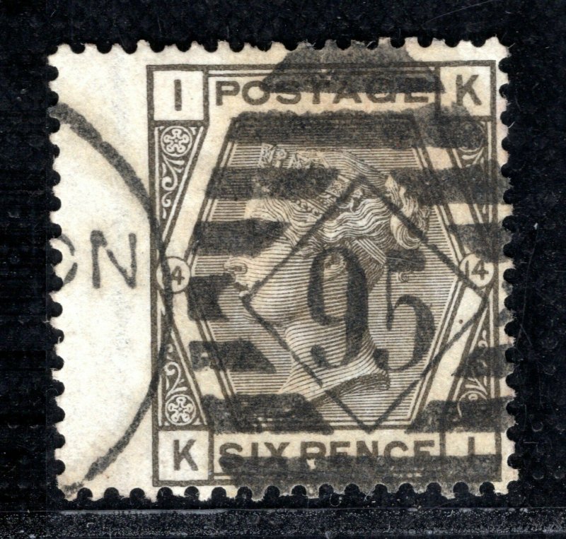 GB QV Stamp SG.147 6d Grey Plate 14 (1875) London Duplex Used VFU Cat £90 XRED42