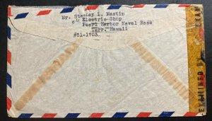 1942 Pearl Harbor Navy Honolulu Hawaii Censored Airmail Cover To Brooklyn NY USA