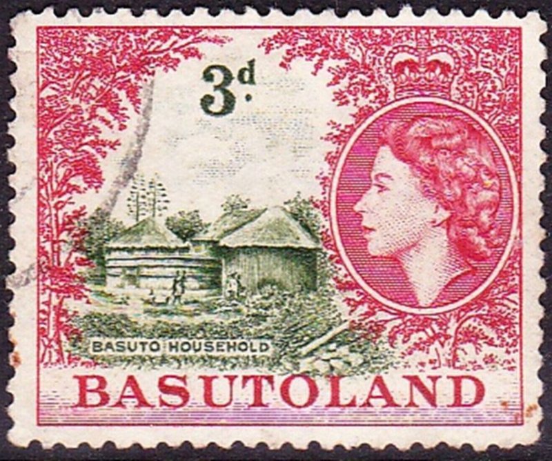 BASUTOLAND 1954 QEII 3d Yellow-Green & Deep Rose-Red SG46 FU