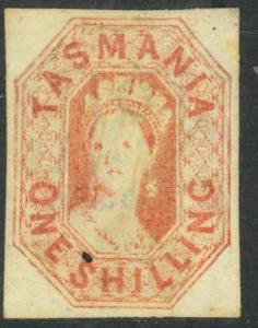 TASMANIA AUSTRALIA STATES 1858-67 1sh Vermilion QV Sc 16 USED PEN CXL REMOVED