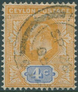 Ceylon 1904 SG279 4c orange-yellow and ultramarine KEVII mult crown CA wmk FU (a