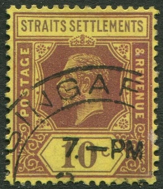 STRAITS SETTLEMENTS-1923 10c Purple/Pale Yellow Die I Sg 231 FINE USED V50210