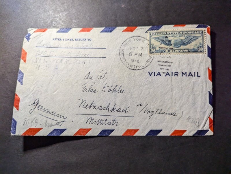 1940 USA Airmail Cover New York NY to Netzschkau Vagtlande Germany