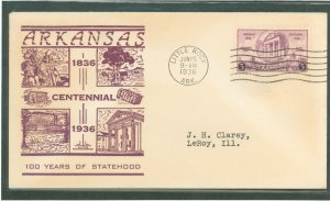 US 782 1936 3c Arkansas Statehood Centennial single on an addressed, typed, FDC with a Bronesky Cachet