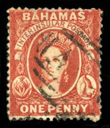 Bahamas #16 Cat$20, 1861 1p vermilion, used