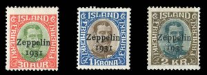 Iceland #C9-11 Cat$97, 1931 Zeppelin, set of three, hinged