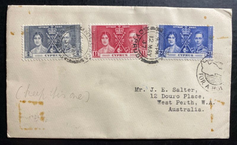 1937 Nicosia Cyprus To Perth Australia First Day cover Coronation king George VI