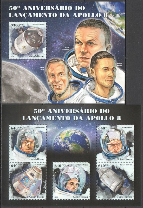 HM0752 2018 GUINEA-BISSAU APOLLO 8 SPACE 50TH ANNIVERSARY #9966-0+BL1717 MNH