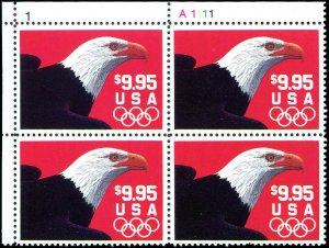 2541 Eagle and Olympic Rings Express Mail $9.95 Stamp Plate Block 1991