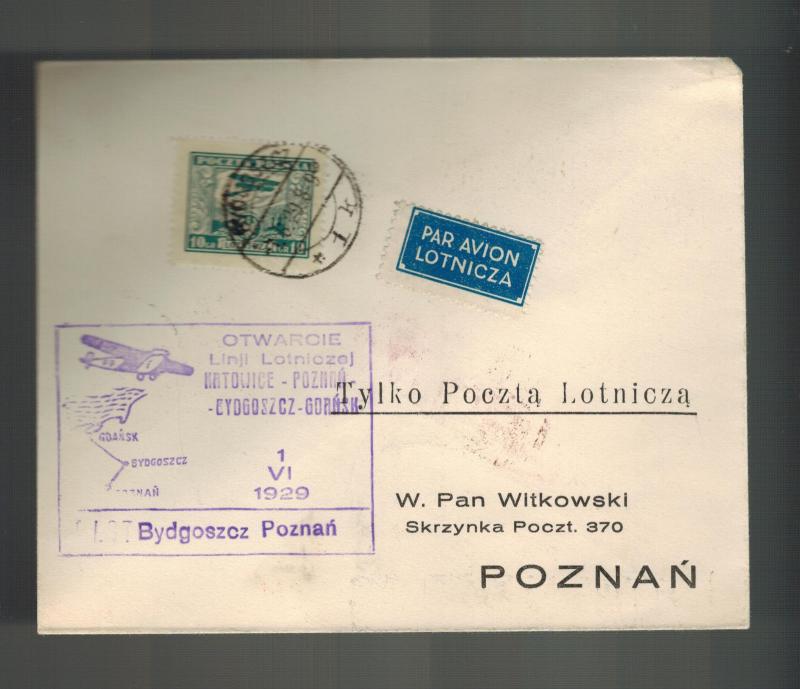 1929 Katowice to Poznan Poland  First Flight Cover FFC