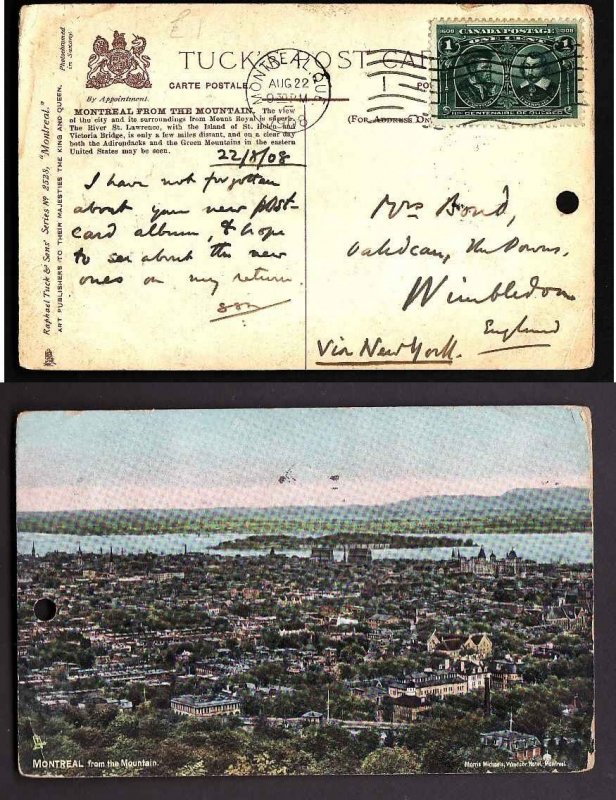 Canada-cover #8379 -1c Tercentenary on p/c to England-Montreal-Aug 22 1908-