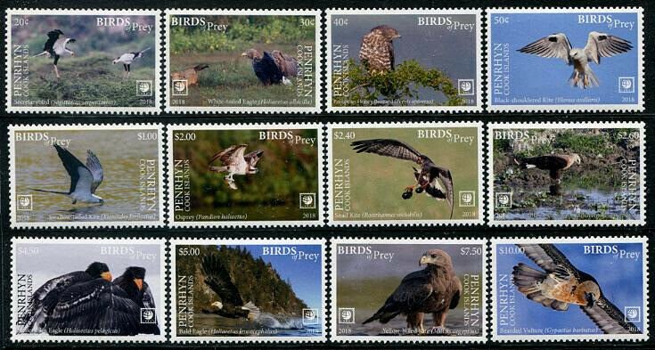 HERRICKSTAMP NEW ISSUES PENRHYN Sc.# 588-99 Birds of Prey 2018 w/ White Borders