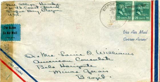 Coast Guard 20c Garfield Prexie (2) 1945 Depoe Bay, Oreg. Airmail to Belo Hor...