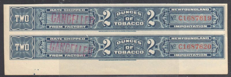 Newfouldland - 2 Dundes of Tobacco Mint Strip C1687619 - C1687620 Imperf Pair