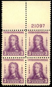 US Sc 726 VF/MH/MNH BLOCK of 4 w/Plate# - 1933 3¢ - Gen.  Oglethorpe - See Scan