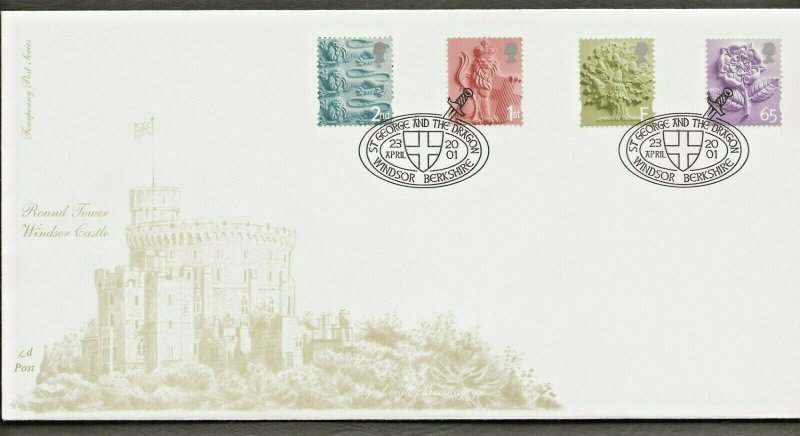 23/4/2001 SET OF 4 NEW ENGLISH EMBLEM 2nd,1st,’E’ & 65p DEFINITIVES FDC