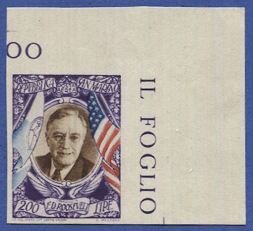 SAN MARINO  Sc C51H  200 Lira  Imperf Proof FDR Roosevelt, VF