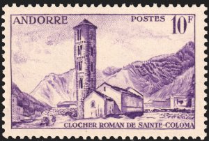 Andorra (French) #130  MOG - 10fr brt violet St Coloma Belfry (1955)