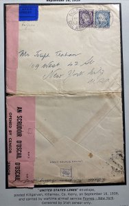 1939 Killgarvan Ireland Censored Airmail Cover To New York USA